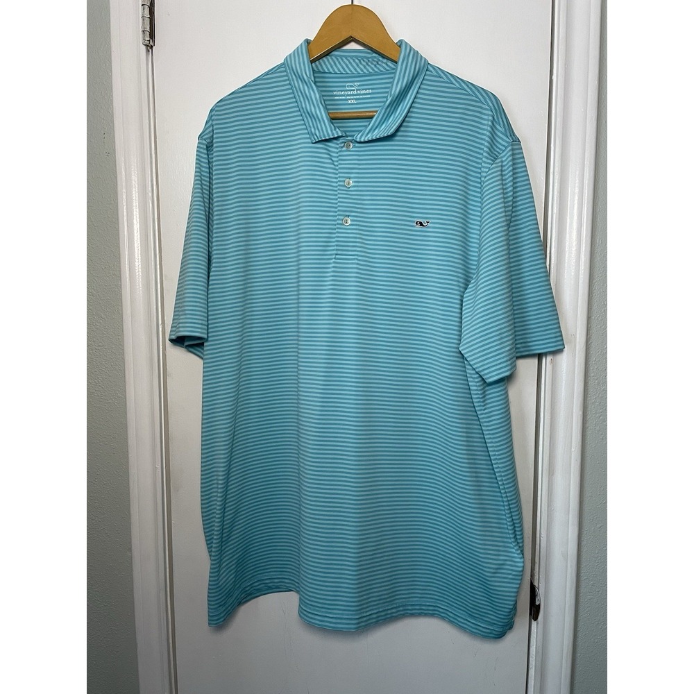 Vineyard Vines Kennedy Shirt Mens 2XL Blue Green Performance Polo Golf Striped‎